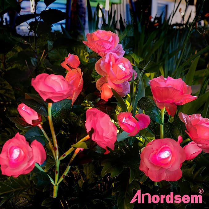 Anordsem Solar Garden Lights Outdoor: 10 Waterproof Fabric Roses 2 Pack - Pink LED Flower Decorations for Yard Patio Path Cemetery Grave - Mother’s Day Gift for Her Women Mom Wife