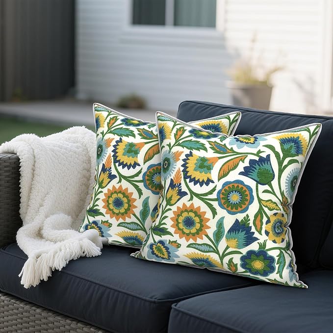 Outdoor Throw Pillows Inners, Fade Resistant Patio Furniture Square Pillows with Piping Set of 2 for Patio Furniture, 18x18 Inch, Fiesta Floral