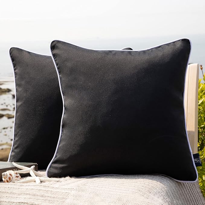 Phantoscope Pack of 2 Outdoor Waterproof Solid Throw Decorative Pillow Cover Decorative Square Outdoor Pillows Cushion Case Patio Pillows for Couch Tent (18''x18'', Black)