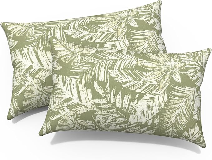 12x20 Inch Outdoor Lumbar Pillow Covers Pack of 2, All Weather Cushion Pillow Cases, Pillowcase for Patio Couch Decoration, Tropical Leaf Green