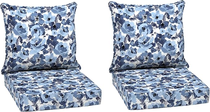 Arden Outdoor Deep Seat Cushion Set, 2-Pack, 24x24, Blue Garden Floral | Outdoor Sofa, Couch, Conversation Set, Weather-Proof, Rain-Proof, Fade Resistant for Chair, Mold and Mildew Resistant