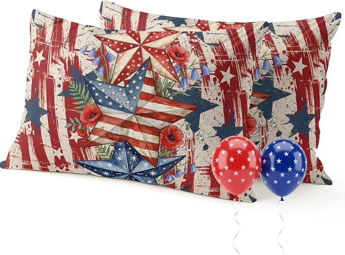 Independence Day Outdoor Pillow Covers 20"x12" Set of 2, Retro American Flag Star Red Flower Abstract Country Waterproof Throw Pillow Covers for Patio Furniture, Decorative Cushion Covers for Porch