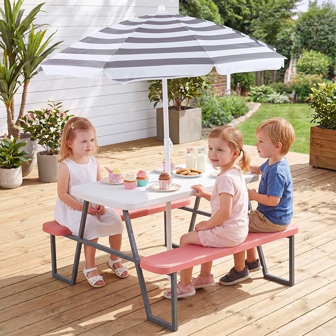 Costzon Kids Picnic Table, Toddler Outdoor Table & Bench Set with Removable Umbrella, HDPE Tabletop, Metal Frame, Kids Outdoor Furniture for Patio Backyard Garden, Fits 4 Children Age 3+ (Pink)
