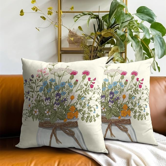 Wildflower Vase Throw Pillow Cover Set of 2, Floral Bouquet Summer Nature Flowers Cotton Linen Square Cushion Case for for Sofa Couch Bedroom Car Home Decor 20x20 Inch