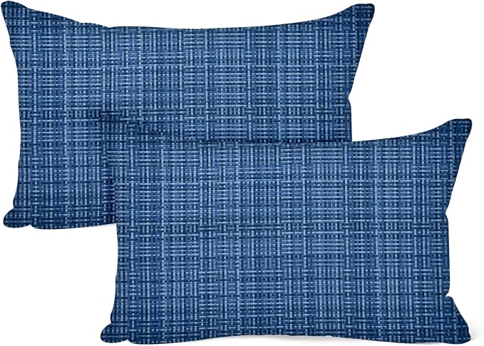 M METERXITY 2-Pack Outdoor Waterproof Throw Pillow Cover, 12x20 Inch Linen Weaving Texture Decorative Cushion Cover for Patio/Balcony/Garden, Water Resistant Pillow Case [Dark Blue]