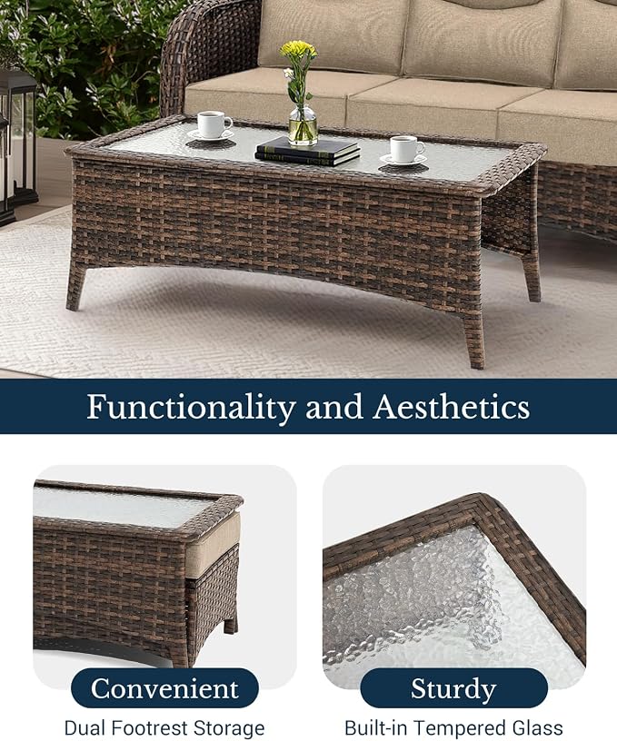 HILLGA Luxury High Back Patio Furniture Set with 6-Inch Thick Cushion, 8-Piece Outdoor Conversation Set with Sofa, Swivel Rocker Chairs & Ottomans, Ideal for Porch Pool Deck Yard (Beige)