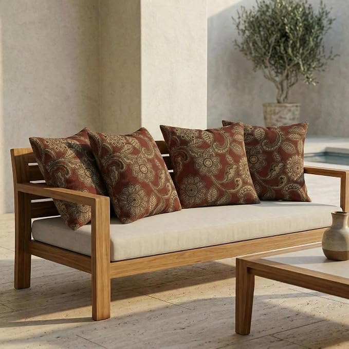 RSH DECOR: Outdura Square Throw Pillows Set of 4 | 24" x 24" | Water and Fade-Resistant Performance Fabric | Outdoor Pillow Covers with Down-Alternative Inserts | Made in USA (Veranda Crimson)