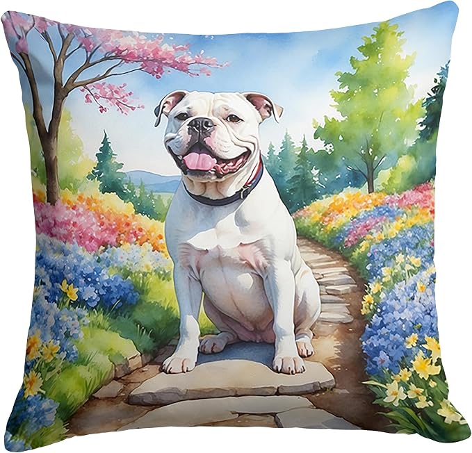 Caroline's Treasures American Bulldog Spring Garden Throw Pillow Machine Washable, Indoor Outdoor Decorative Pillow for Couch, Bed or Patio, 18Hx18W