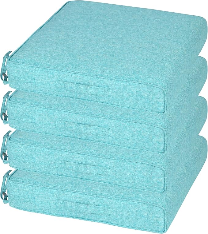 Aoodor Patio Chair Cushions Set of 4, 25 x 25 x 4 Inch Water Resistant Outdoor Seat Cushions with Handle and Ties, Square Corner Cushions for Patio Furniture Garden Lawn, Teal