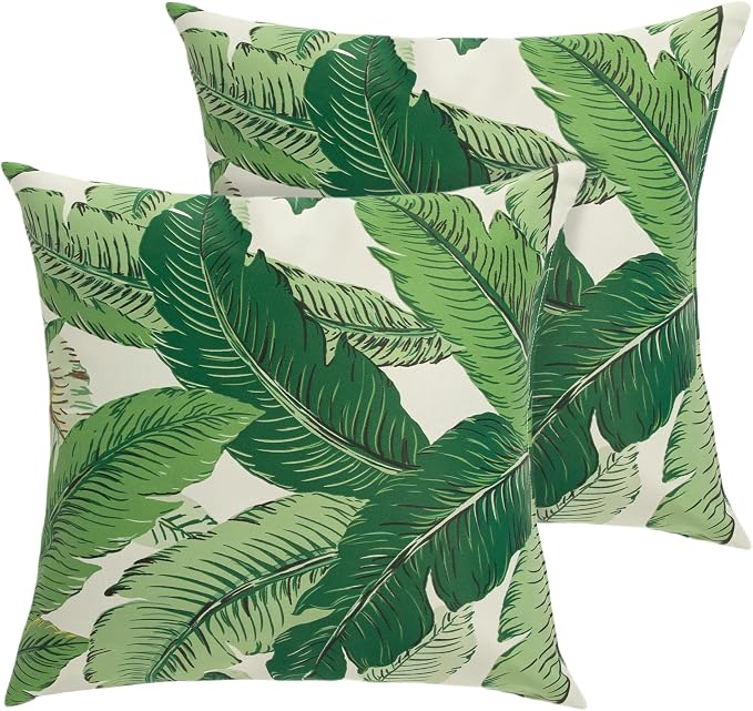 Throw Pillow Covers Set of 2, Outdoor Indoor Waterproof Decorative Patio Throw Pillowcase Shell 18x18 Inch, Square Cushion Case for Couch Sofa Garden Farmhouse Decoration-Green Palm Leaf