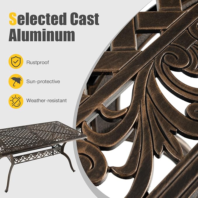 Tangkula 59 Inches Outdoor Dining Table, All-Weather Cast Aluminum Table with Umbrella Hole, 6-8 Person Rectangular Dining Table for Garden, Backyard and Poolside (Bronze)
