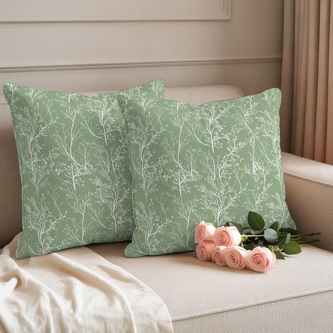 Sage Green Branches Waterproof Outdoor Pillow Covers Set of 2 Home Decor, Abstract Art Leaves Plant Pillowcase Patio Pillow Covers for Couch Bench Patio Furniture Garden 26x26in