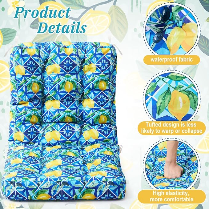 Hoteam 4 Set Outdoor Patio Chair Cushions 20 x 42 in Deep Seat Waterproof Patio Cushions Set for Furniture Replacement Removable Seat and Back (Mediterranean Lemon)