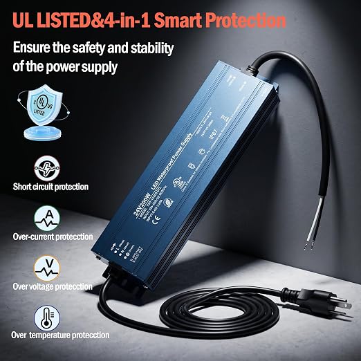 24V 200W UL Listed LED Power Supply with 3.28ft US Standard Plug Wire | Waterproof IP67 Low Voltage Transformer, 100V-130V AC to 24V DC Converter for DC24V LED Lighting Products