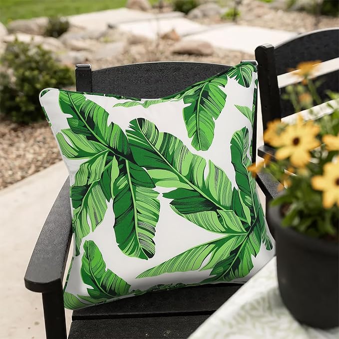 Outdoor Throw Pillow with Insert 18x18 Inch, Set of 2, Piping Edge Waterproof Fade Resistant Decorative Fluffy Pillows for Patio Furniture Chair Bench Couch Sofa - Green Leaves White