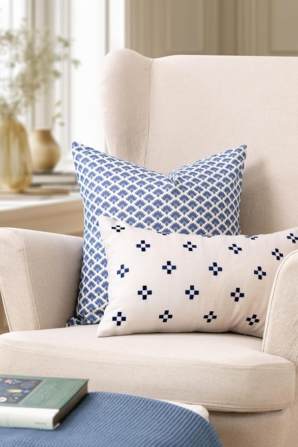 California Casual Coastal Indoor Outdoor Lumbar Pillow Cover, 12"x20" Water Repellent for Patio, Backyard, Couch, Poolside, Neutral Navy Embroidered Small Squares
