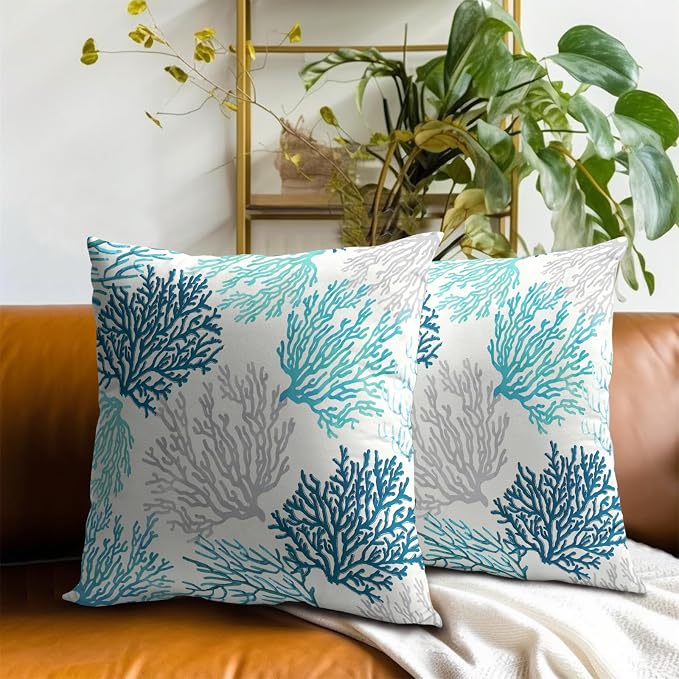 Blue Teal Coral Pillow Covers Set of 2, 16x16 Inch Summer Marine Cotton Ocean Themed Square Pillow Case Soft Cushion Cover for Couch Sofa Living Room