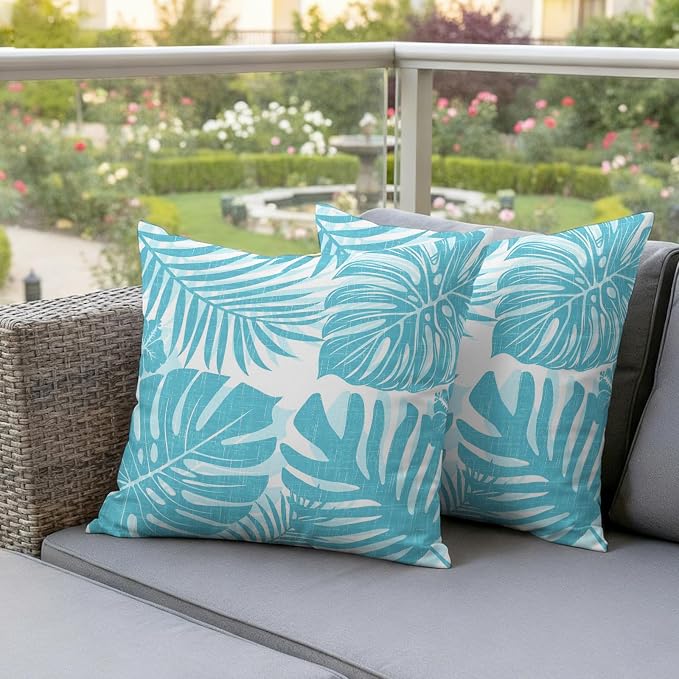 Aqua Blue Palm Leaves Outdoor Pillow Covers 20"x20" Set of 2, Tropical Botanical Minimalist Modern Waterproof Throw Pillow Covers for Patio Furniture, Decorative Cushion Covers for Porch