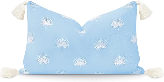 Hofdeco Premium Coastal Hampton Style Patio Indoor Outdoor Lumbar Pillow Cover Only, 12"x20" Water Resistant for Backyard, Couch, Baby Blue Embroidered Palm Leaf Tassel