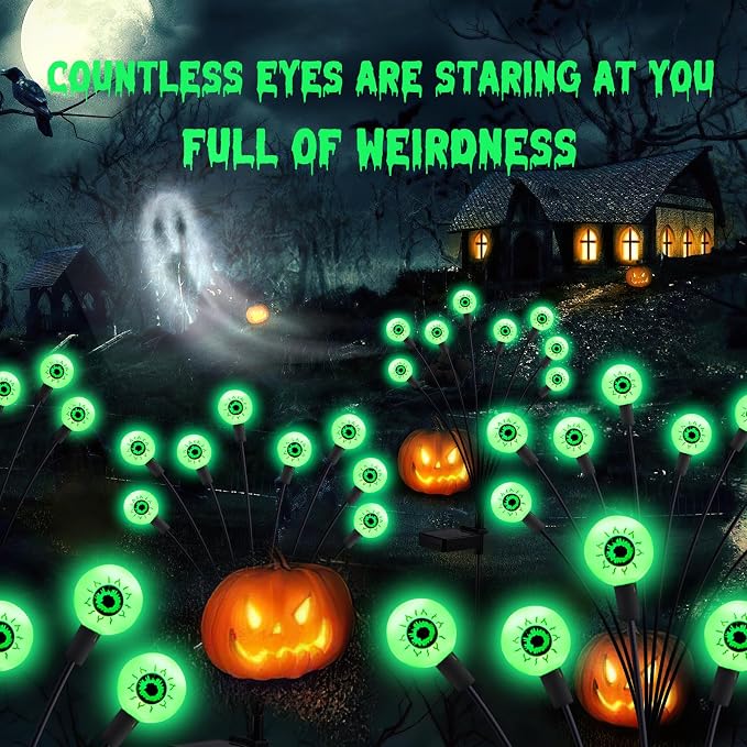 ASMAD Halloween Decorations Outdoor Solar Scary Eyeball Lights,4Pack 32LEDs | Halloween Lights, Halloween Decor, Green Eyeball Swaying Lights, Solar Path Lights Waterproof for Garden/Patio/Party Decor