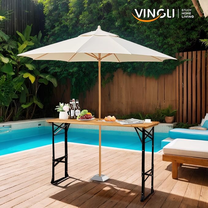 VINGLI 67 Inch Wooden Folding Picnic Table, Picnic Beer Table with Umbrella Hole, Adjustable Heights (29.5" Sitting & 41.5" Standing) – Perfect for Picnics, BBQs, Parties, Bars, and Camping