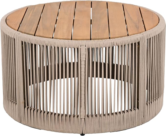 Christopher Knight Home Peyz Acacia Wood Outdoor Side Table Set of 2 with Woven Rope Design, Patio Round Coffee Table Set with Small Side Desk, Functionality Stylish 2 Tables for Garden, Teak + Beige