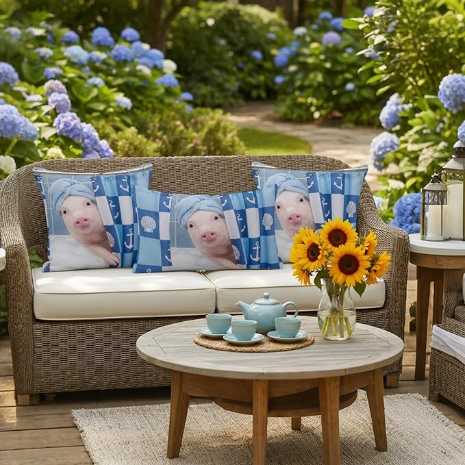 Bathing Pig Waterproof Outdoor Pillow Covers Set of 2 Home Decor, Funny Animal Showering Pillowcase Patio Pillow Covers for Couch Bench Patio Furniture Garden 26x26in