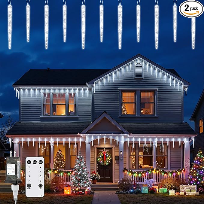 Brightown Icicle Lights Outdoor with Remote, 2 Pack Total 40ft 40 Tubes 200 LED Ice Shape String Lights, Connectable Hanging Christmas Decoration Lights for Tree Patio Roof Holiday Decor, Cool White
