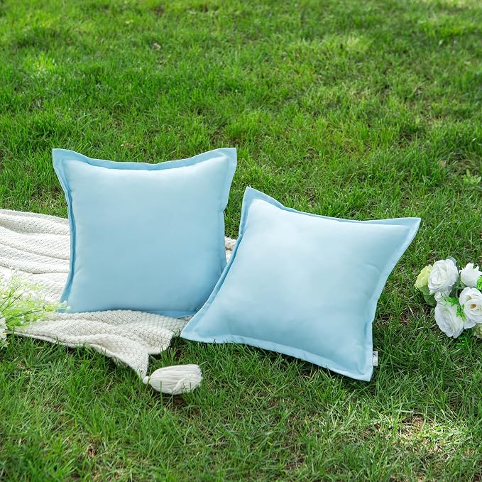 LIGICKY Light Blue Outdoor Waterproof Pillow Covers 18x18 Inch Pack of 2 Decorative Square Solid Color Pillows with Wide Edge Cushion Cover for Patio Tent Garden Couch Balcony