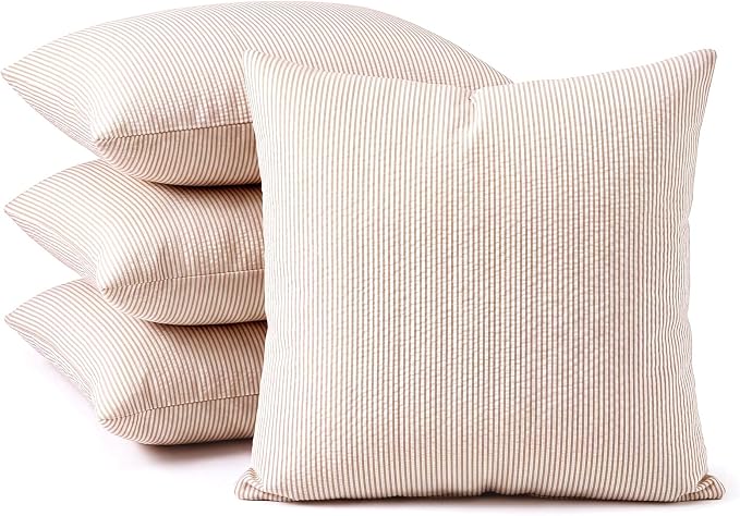 Huhumy Khaki Throw Pillow Cover 18" x 18" for Home Decoration Striped Modern Style Decorative Cushion Covers No Inserts Seersucker Pillow Cover for Living Room, Chair, Bed, Couch, Set of 4