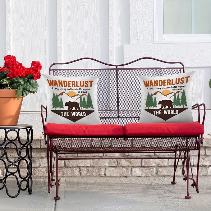Swono Bear Cozy Pillowcase Cushion Cover, Forest Adventure Bear Wanderlust Sign Decorative Throw Pillows Covers Outdoor Pillow Case for Home Office Dorm Sofa Picnic Car 18" X 18", 2 Pack