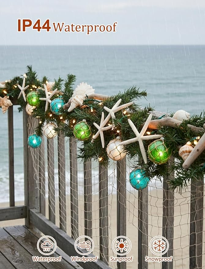8.5Ft Nautical Fishing Float String Lights,Plug in Beach Themed Buoy Lights | Set of 10 LED Tiki Bar Lights Indoor Coastal Beach Theme Home Decor and Outdoor Patio Decorations-Blue/Green/White