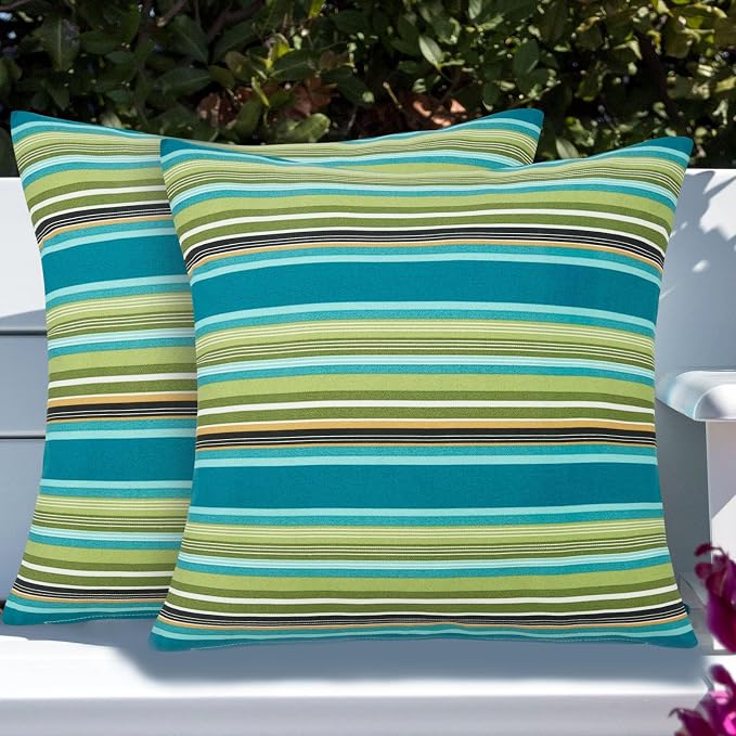Throw Pillow with Insert, Set of 2, Outdoor Indoor Waterproof Decorative Patio Throw Pillow 18x18 Inch, Square Cushion for Couch Sofa Garden Farmhouse Decoration-Green Stripe