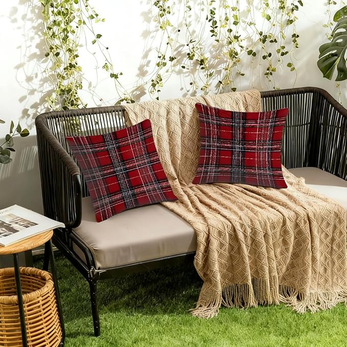 18x18 Inch Outdoor Pillow Covers Set of 2 Waterproof Throw Pillow Covers Decorative Couch Cushion Covers Buffalo Checkered Red Square Pillowcases Protectors for Patio Garden Sofa