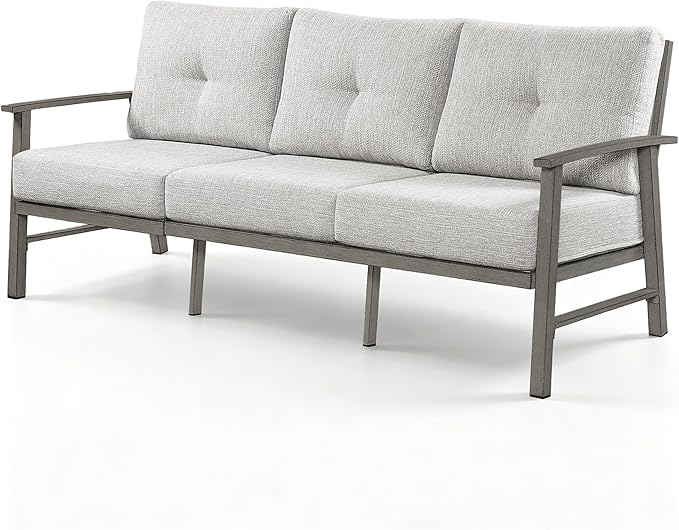 3 Seats Patio Furniture Sofa, Outdoor Aluminum Couch with 5.9'' Soft Cushion, 3-Seater All-Weather Outdoor Patio Furniture Sofa Couch for Balcony, Poolside, Lawn, Limed Oak