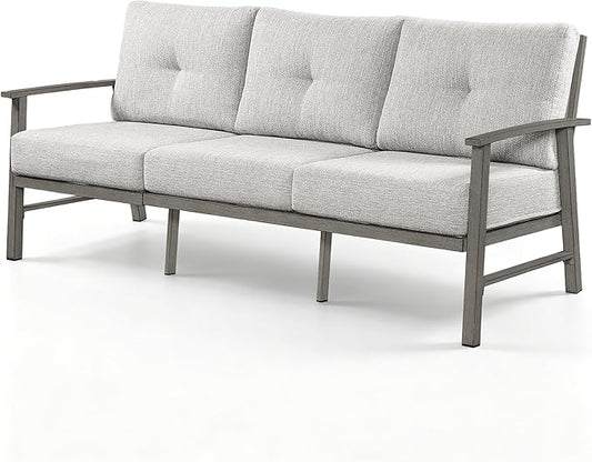 3 Seats Patio Furniture Sofa, Outdoor Aluminum Couch with 5.9'' Soft Cushion, 3-Seater All-Weather Outdoor Patio Furniture Sofa Couch for Balcony, Poolside, Lawn, Limed Oak
