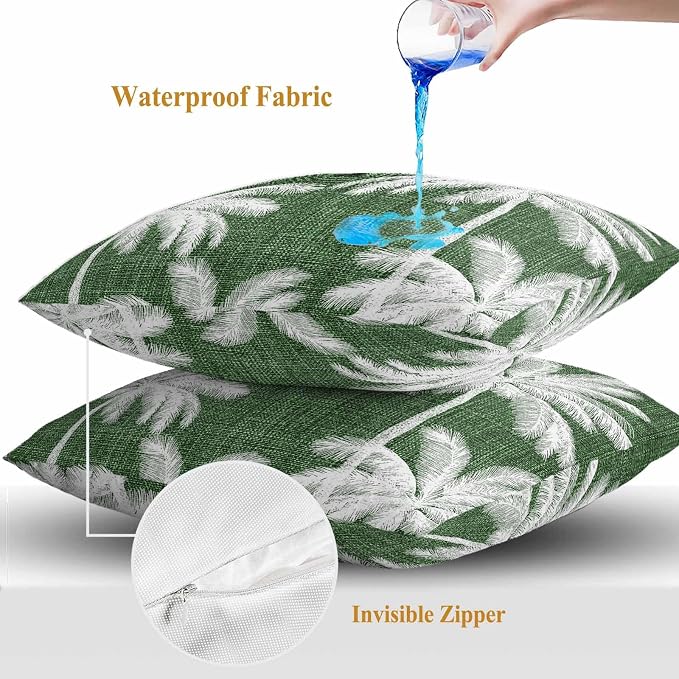 Outdoor Pillow Covers 18x18 Inch Set of 2, Dark Green Palm Trees Waterproof Throw Pillow Covers, Farmhouse Tropical Summer Beach Decorative Cushion Pillowcases for Couch, Sofa, Bed, Garden, Patio
