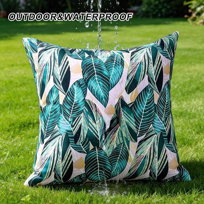 Outdoor Waterproof Pillow Covers Summer Green Tropical Leaf Decorative Throw Pillow Covers Square Accent Couch Covers Garden Cushion Cases 18x18 Inch Set of 2 for Patio Tent Balcony Furniture Sofa