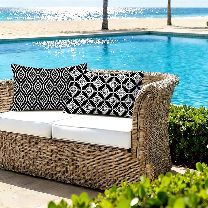 Outdoor Waterproof Throw Pillow Covers 12x20 Set of 4 Black and White Aesthetic Boho Decorative Cushion Cases for Patio Furniture Garden Porch Bench Couch Sunbrella