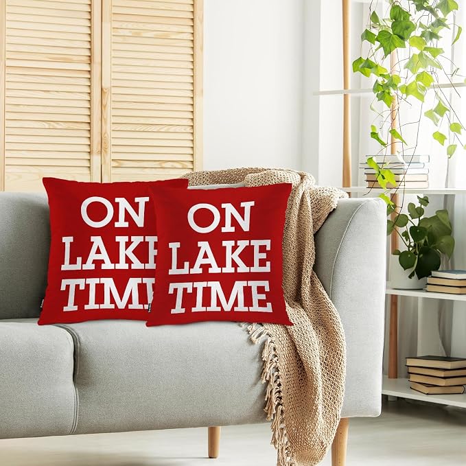 Swono Set of 2 On Lake Time Pillow Covers 18 X 18 Inch, Funny Lake Quote Square Decorative Throw Pillow Covers for Sofa Couch Bed,Outdoor Indoor Pillowcase Cushion Cover, Red White