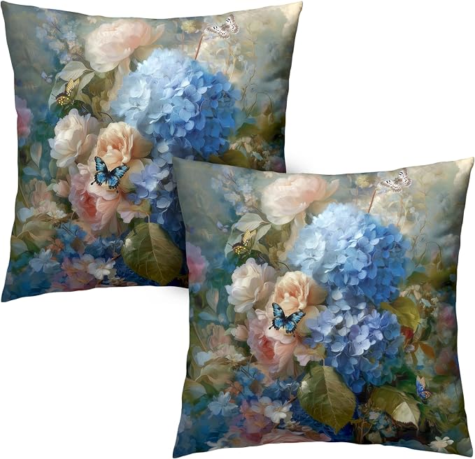 Vintage Rose Hydrangea Pillow Covers Oil Painting Floral Throw Pillow Covers Spring Summer Pillow Case 22x22 Blue Pink Flowers Cushion Case for Living Room Couch Sofa Set of 2