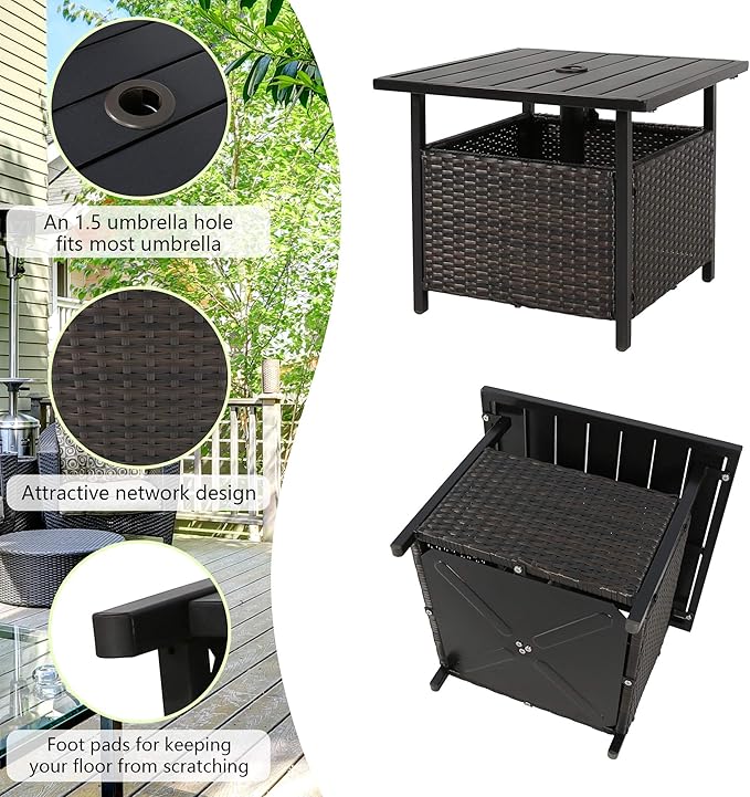 Patio PE Wicker Umbrella Side Table Stand, Outdoor Bistro Table with Umbrella Hole