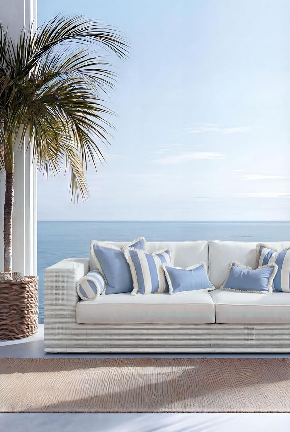 Hofdeco Premium Coastal Hampton Outdoor Performance Lumbar Pillow Cover Only, 12"x20" Water Repellent, UV and Fade Resistant for Backyard, Couch, Poolside, Azure Blue Woven Solid