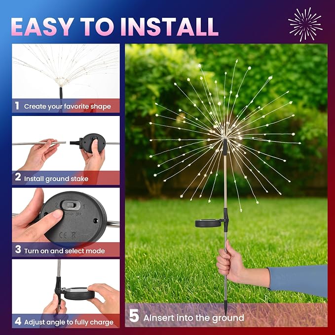 PEVOROS Solar Firework Fairy Garden Lights Outdoor, Red/White/Pink, 6 Pack | 120 LEDs, Waterproof, Fairy Garden Decor, Auto On/Off, Solar Powered, for Yard, Patio, Porch, Flower Pot, Pathway