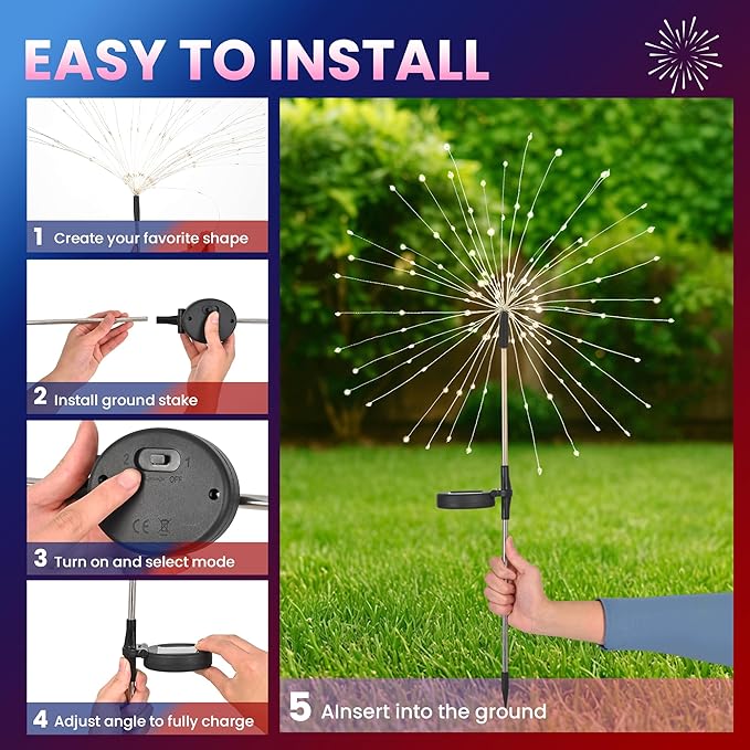 PEVOROS Solar Firework Fairy Garden Lights Outdoor, Red/White/Pink, 4 Pack | 120 LEDs, Waterproof, Fairy Garden Decor, Auto On/Off, Solar Powered, for Yard, Patio, Porch, Flower Pot, Pathway