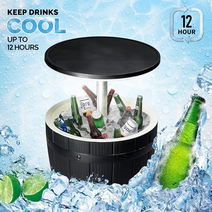Outdoor Cooler Side Table,Height-Adjustable Cool Bar w/ 10 Gallon Beer and Wine Cooler, All-Weather Resistant Patio Ice Cool Bar for Deck Pool Party(Black)