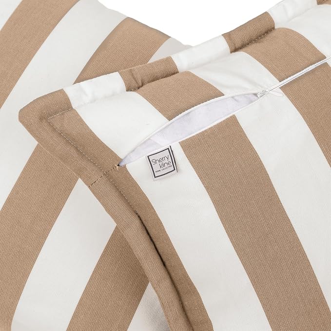 Sherry Kline Cabana Stripe Outdoor Throw Pillow Set of 2, 20x20 Inch Flanged Reversible Decorative Cushions with Zipper, Indoor Outdoor Patio Accent Pillows, Made in USA - Beige/Natural