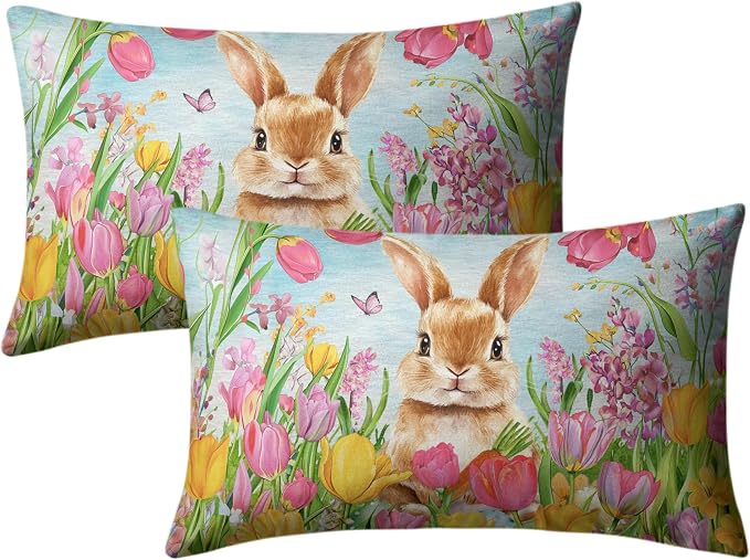 Easter Bunny Lumbar Pillow Covers 12x20 Set of 2 Lovely Rabbit with Tulip Throw Pillow Covers Spring Pillow Case Floral Cotton Blend Cushion Case for Easter Decor Sofa Patio Garden