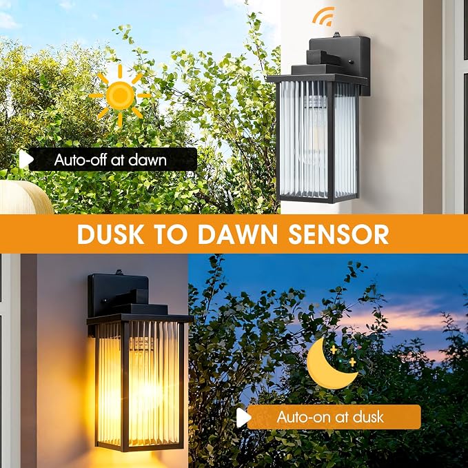 2-Pack 13" Black Dusk to Dawn Wall-Mounted Exterior Light Fixtures | Auto On and Off, Anti-Rust Metal Frame, Tempered Glass, E26 Socket, Easy DIY Install on Porch, Garage