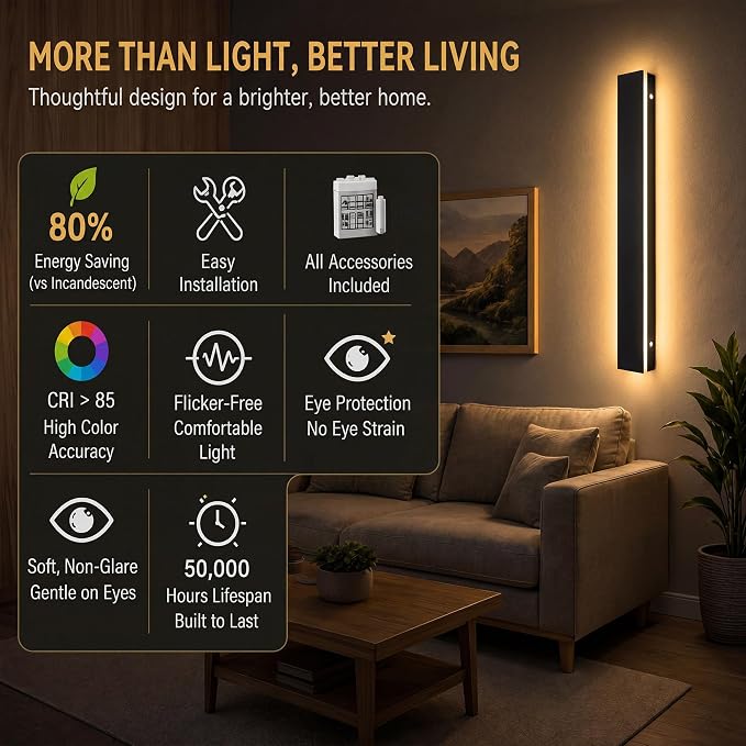 Modern Outdoor Wall Light 2pack 70in, 4.33in Width, Dimmable LED | 7200LM for Garage Front Door Porch, IP65 Waterproof Outdoor Sconce, Cover All Jbox, 3000K-6000K Adjustable, Matte Black